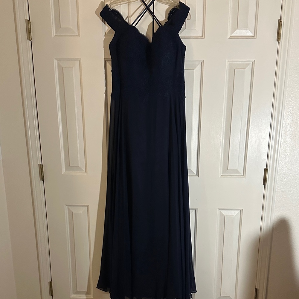 Navy Blue Maxi Dress with Lace Bodice and Off Shoulder Straps